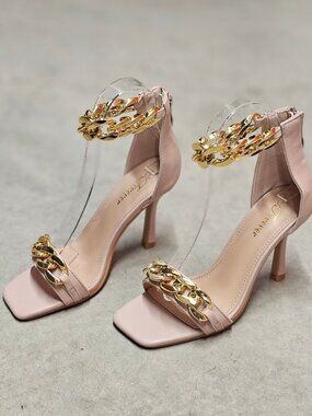 Blush Pink High Heel Sandals With Gold Chain Ankle Strap Square Toe Back Zipper